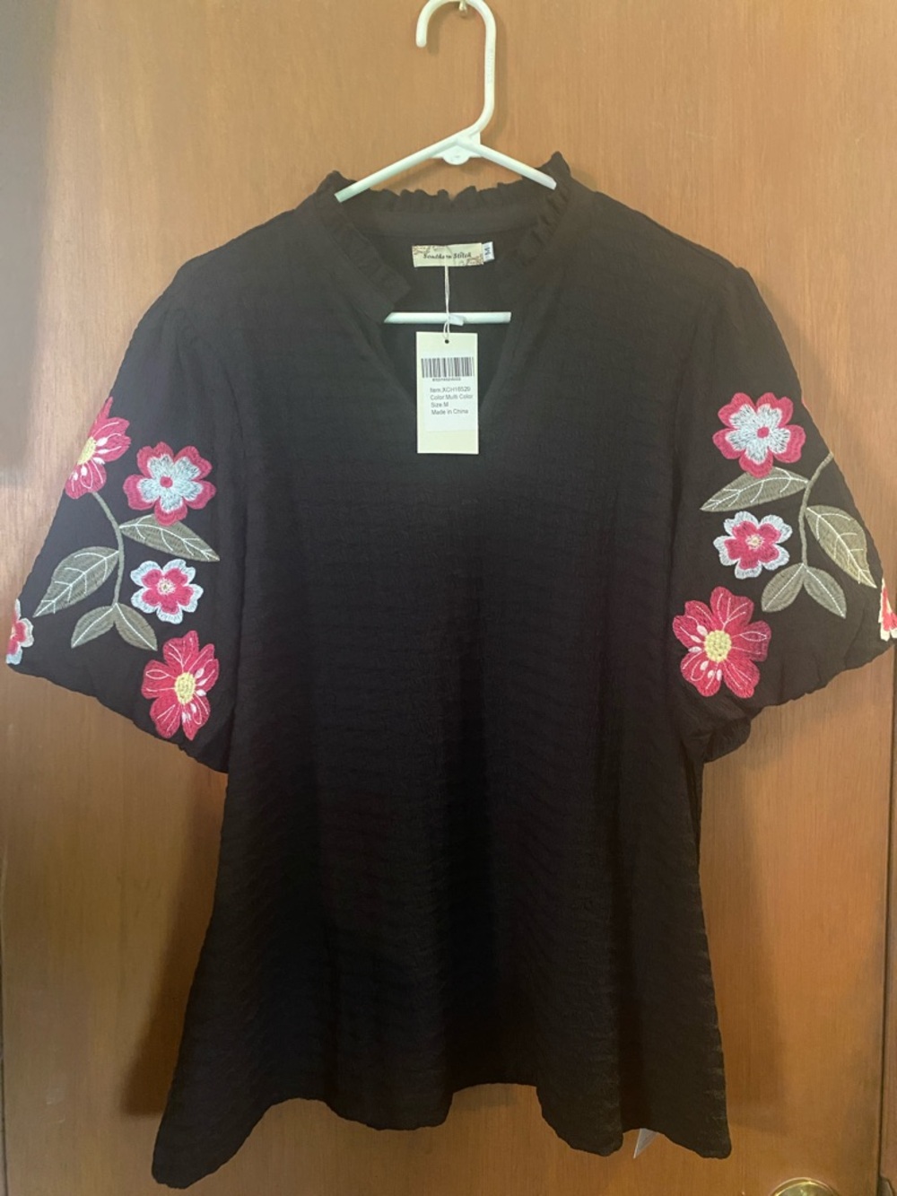 Black Embroidered Floral Sleeve Women's Top